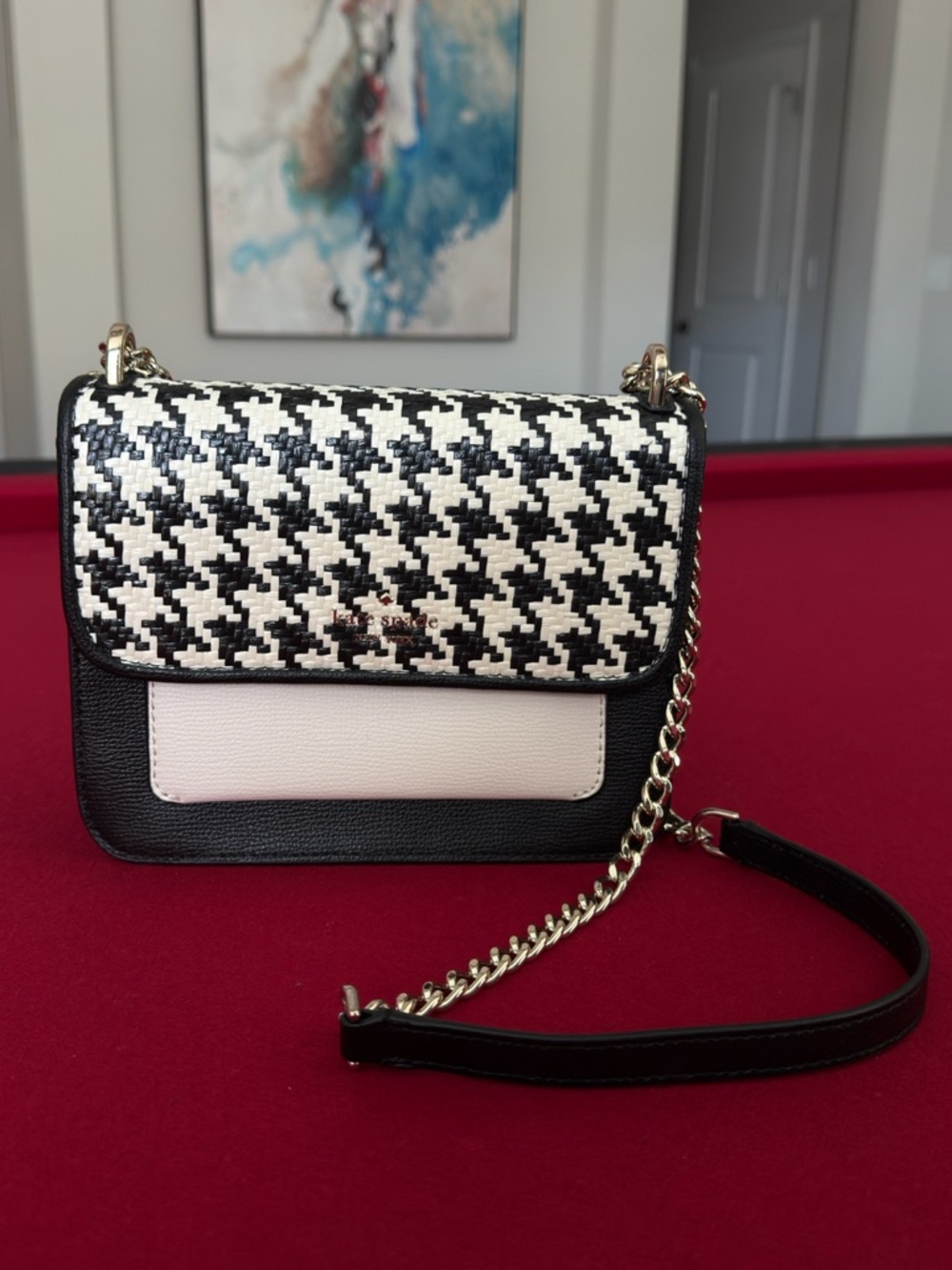 Kate Spade Black and White Remi Houndstooth Flap Chain Woven Crossbody